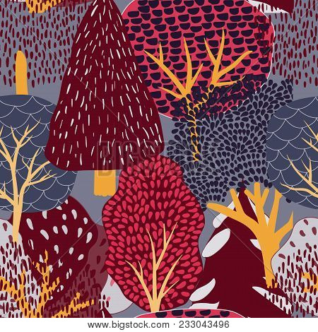 Seamless Background With Stylized Trees. Forest Bright Pattern. Dark Colors, Blue, Burgundy And Oran