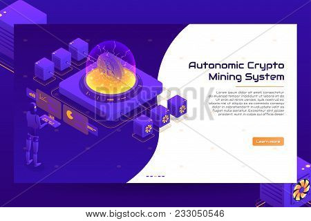 Isometric Crypto Mining Concept Banner. Concept Of Cryptocurrency Mining. Vector Illustration With R