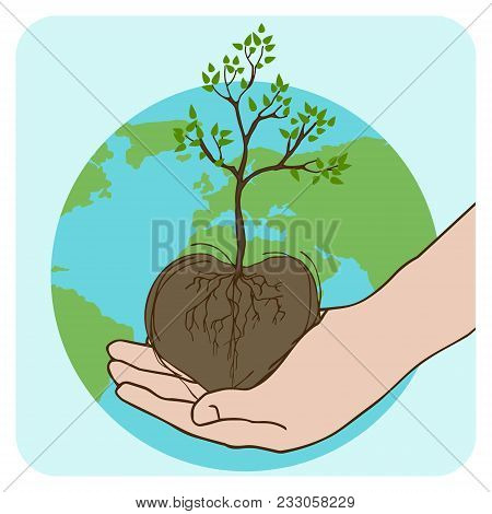 Arbor Day Illustration Of A Hand Holding A Tree With Roots And Leaves. Vector Illustration