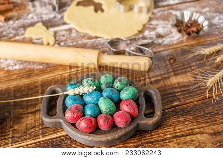 Original Still Life With Easter Eggs And Quail Eggs For Baking Curly Cookies. View From Above.