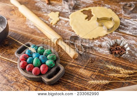 Original Still Life With Easter Eggs, Quail Eggs And Forms For Baking Curly Cookies. View From Above