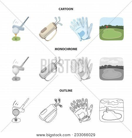 A Ball With A Golf Club, A Bag With Sticks, Gloves, A Golf Course.golf Club Set Collection Icons In 