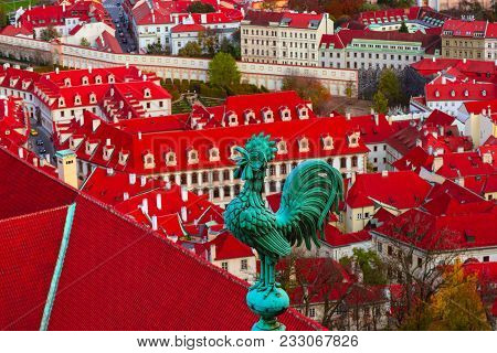Weathercock On The Roof, Czech, Prague, City View. Prague Architecture, Red Roofs, Weather Vane Shap