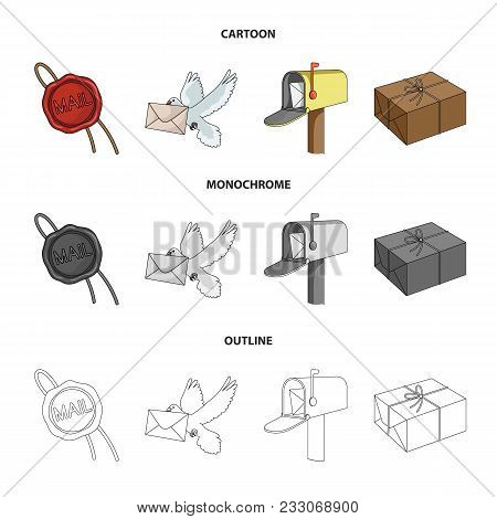 Wax Seal, Postal Pigeon With Envelope, Mail Box And Parcel.mail And Postman Set Collection Icons In 
