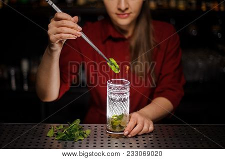 Female Bartender Adding A Fresh Mint With Tongs To The Cane Sugar With Lime In A Glass At The Steel 