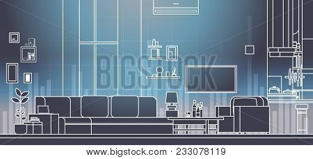 Virtual Living Room Interior With Couch And Led Televison Set On Wall Thin Line Vr Technology Vector
