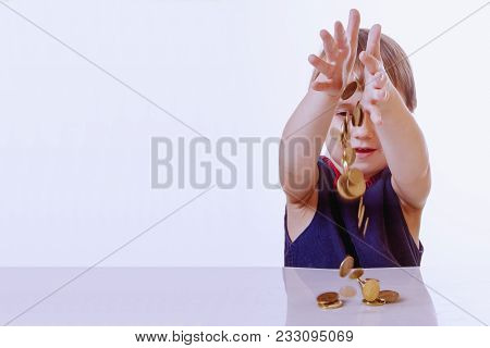 Best Motivation Is Money. Happy Business Child With Coints.  (childhood, Enrichment, Employment Conc