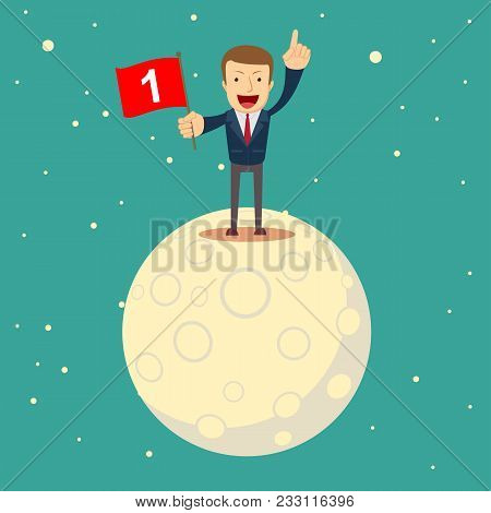 A Man In A Business Suit Conquered The Moon. Happy Businessman Holding Number One Flag. Start Up Bus