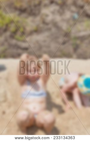 Holidays With Children On A Forest River Theme Creative Abstract Blur Background With Bokeh Effect. 