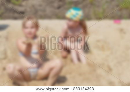 Holidays With Children On A Forest River Theme Creative Abstract Blur Background With Bokeh Effect. 
