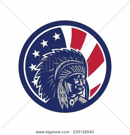 Icon Retro Style Illustration Of Native American Indian Chief Wearing War Bonnet, A Feathered Headge