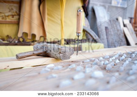 Silex Stone Carved And Nailed On Wood Together With Work Tools