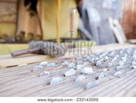 Silex Stone Carved And Nailed On Wood Together With Work Tools