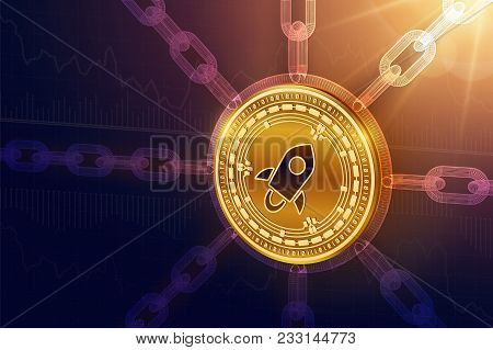 Stellar. Crypto Currency. Block Chain. 3d Isometric Physical Stellar Coin With Wireframe Chain. Bloc