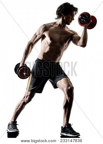 one caucasian man fitness weitghs training exercises  studio in silhouette isolated on white background
