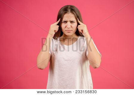 Caucasian Woman Has Racking Headache. Spliting Pain. Show That Somebody Is Fool