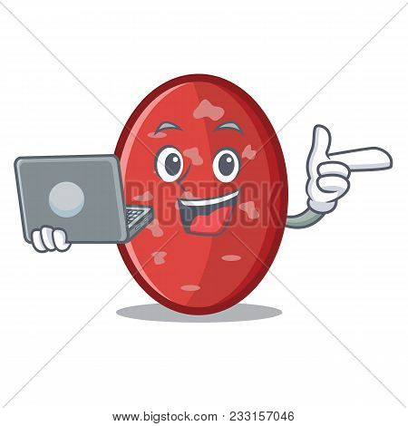 With Laptop Salami Character Cartoon Style Vector Illustration