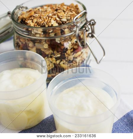 Homemade Granola Dried Fruits Oatflakes Wooden Table.