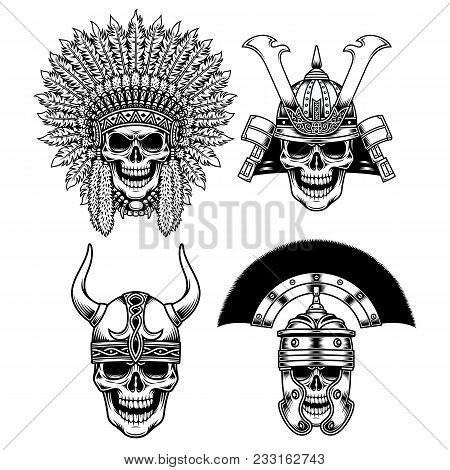 Set Of Warrior Skull Characters Isolated On White Background