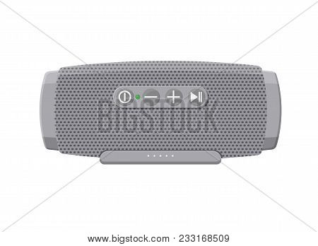 Portable Wireless Speaker. Audio Device Connected With Smartphone To Play Music. Vector Illustration