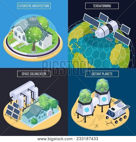 Space Colonization Terraforming Isometric 2x2 Design Concept With Conceptual Images Of Space Vehicle