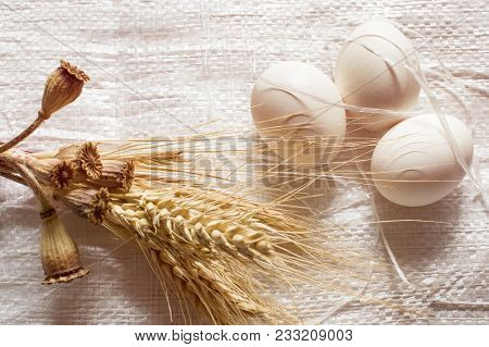 Easter Background. Easter Background With Easter Eggs And Spring Willow Tree With Copy Space. White 