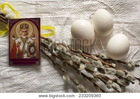 Easter Background. Easter Background With Easter Eggs And Spring Willow Tree With Copy Space. White 