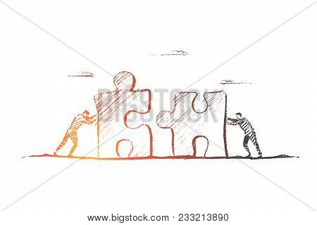 Vector Hand Drawn Team Concept Sketch. Two Men Moving Puzzle Pieces Towards Each Other To Assemble I