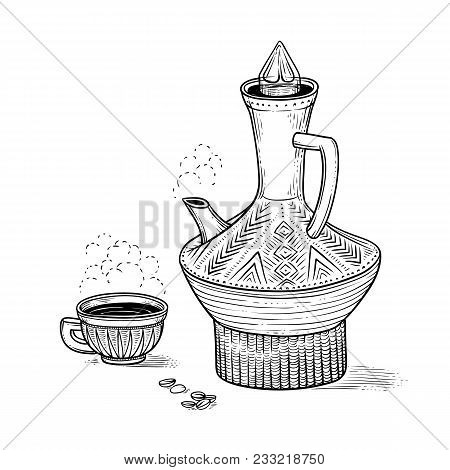 Ethiopian Vintage Coffeepot And Figured Cup With A Hot Drink And A Flavored Vapor, Coffee Beans. Vec