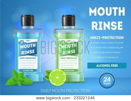 Realistic Detailed 3d Mouth Rinse Oral Ads Promotion Concept Card Element Of Dental Hygiene Care. Ve