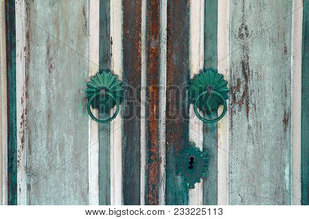 Old Wooden Vintage Door, Metal Door Handle Decoration. Antique Entrance Gate, Made Of Wood, Temple H