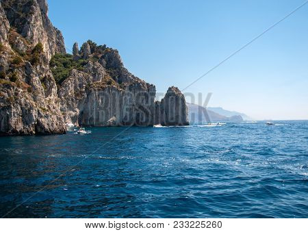 Capri, Italy - June 13, 2017: Boats With Tourists Near Grotta Bianca And Grotta Meravigliosa, Capri,