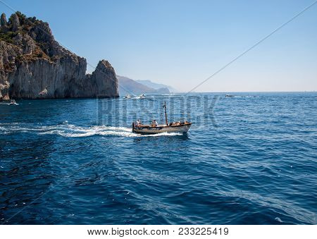 Capri, Italy - June 13, 2017: Boats With Tourists Near Grotta Bianca And Grotta Meravigliosa, Capri,