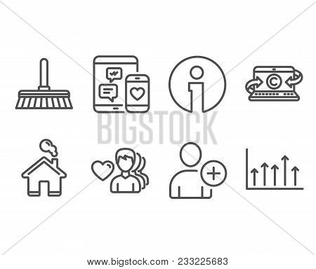 Set Of Copywriting Notebook, Social Media And Add User Icons. Cleaning Mop, Man Love And Growth Char