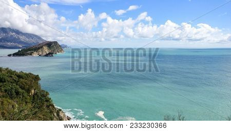 Coastline Of Budva, Montenegro. Adriatic Sea. St.nicholas Island In The Distance