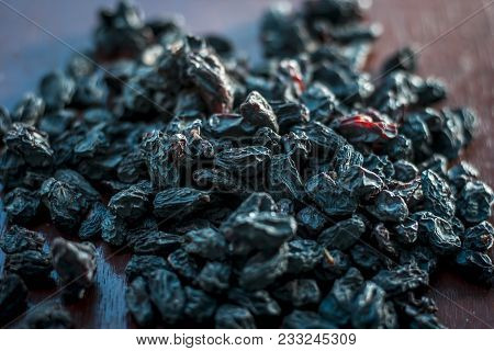Black Raisin Or Kali Kishmish Or Zante Currant In A White Plate On Wooden Surface In Dark Gothic Col