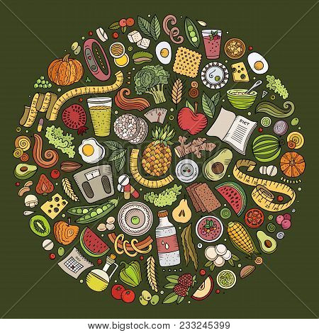 Set Of Vector Cartoon Doodle Diet Food Objects Collected In A Circle. Dietic Subjects Collection