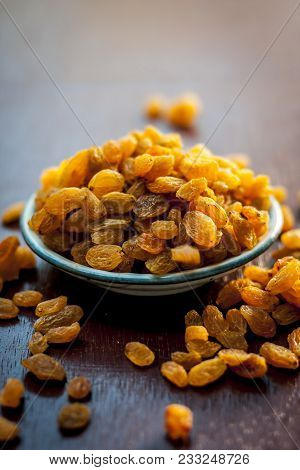 A Sweet Dried Fruit Golden Raisins Or Vitis Vinifera L. Var. Apyrena , Kishmish Or Zante Currant On 