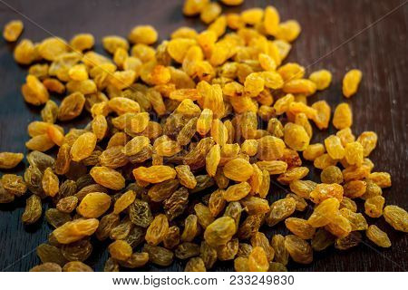 A Sweet Dried Fruit Golden Raisins Or Vitis Vinifera L. Var. Apyrena , Kishmish Or Zante Currant On 