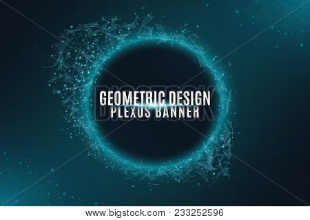 Geometric Plexus Banner Of Flying Geometric Particles On A Black Background. Connected Triangular El