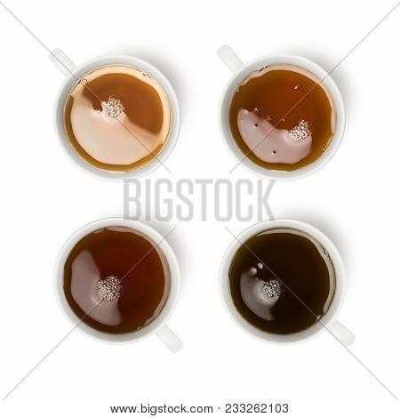 Four Different Kind Of Tea Into Cup, On White Background