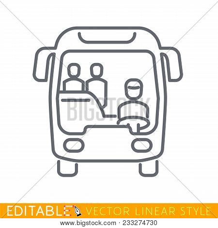 City Bus With Passengers. Editable Outline Sketch Icon. Stock Vector Illustration.
