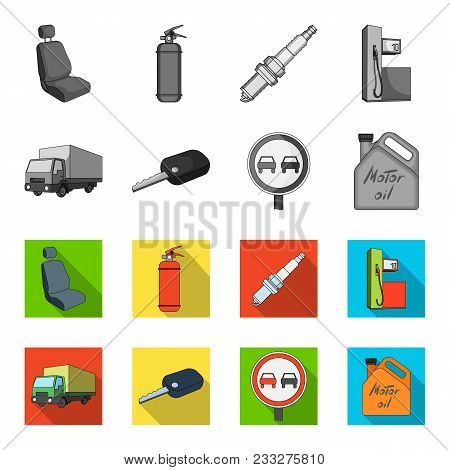 Truck With Awning, Ignition Key, Prohibitory Sign, Engine Oil In Canister, Vehicle Set Collection Ic