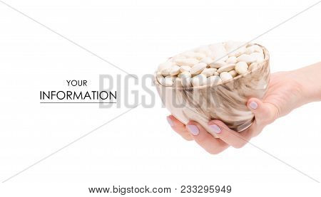 White Beans In A Pial Plate Of Female Hands Pattern On A White Background Isolation