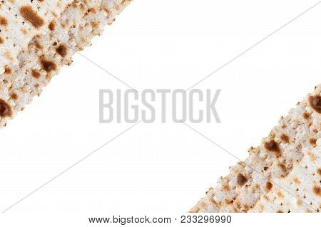 Matzah. Jewish Traditional Passover Bread. Pesach Celebration Symbol. Isolated On White. With Some F