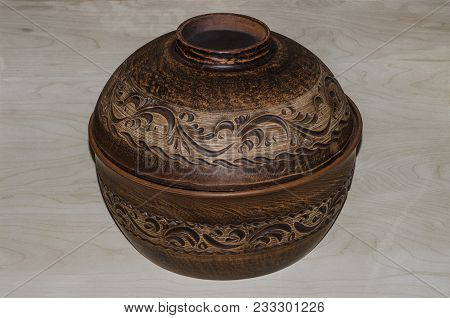 Ceramic Utensil On Wooden Background.traditional Clay Crockery - Makitra