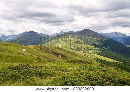 Bikepark Mottolino With Mountain Monte Della Neve Background, Livigno, Italy