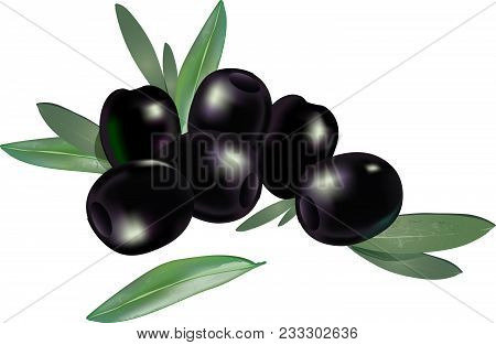 Realistic 3d Boneless Black Olives With Few Leaves Composition Isolated On White Background. Vector 
