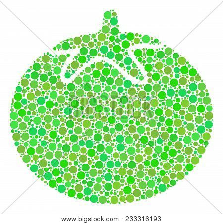 Tomato Vegetable Composition Of Circle Elements In Variable Sizes And Green Color Tints. Vector Roun