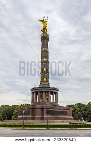 Victory Column, Famous Sight In Berlin City, Germany. Impressive Siegessaule Monument With Golden An